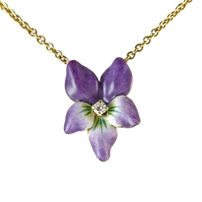 Antique enamel and diamond violet flowerhead pendant c.1920, on a later 9ct gold chain necklace, | MasterArt